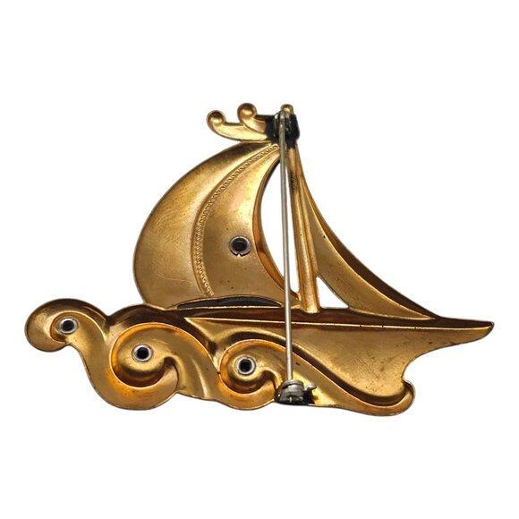 Vintage Brass Sailbaot Sailing Waves Brooch 3" Nautical Boat Retro Silver Tone - Picture 5 of 6